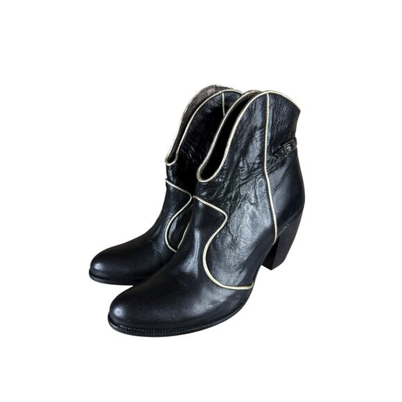 Miss Sixty Black Leather Ankle Boots 39 US 8.5 Silver Trim Western Heel - Picture 2 of 9